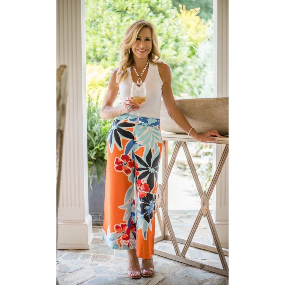 Soft Surroundings Womens Wide Leg Pants M Orange Blue Floral Tropical Resortwear
